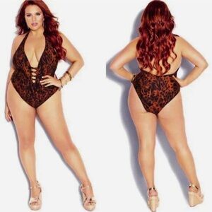 NWT‎ City Chic CCX Leopard Plunge One-Piece - Size M 🐆 Moody Edgy Sexy